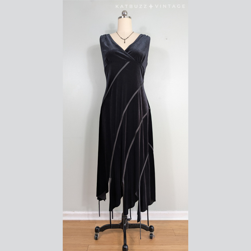 Vintage Velvet Maxi Dress 12 Black Sleeveless Ribbon Empire Formal Holiday Glam